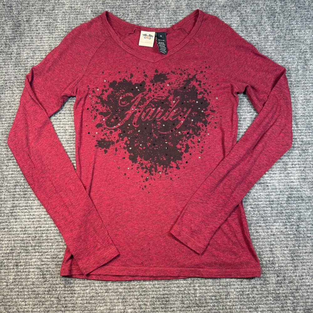 Harley Davidson Womens V Neck Long Sleeve‎ Rhinestone Top Size S Red